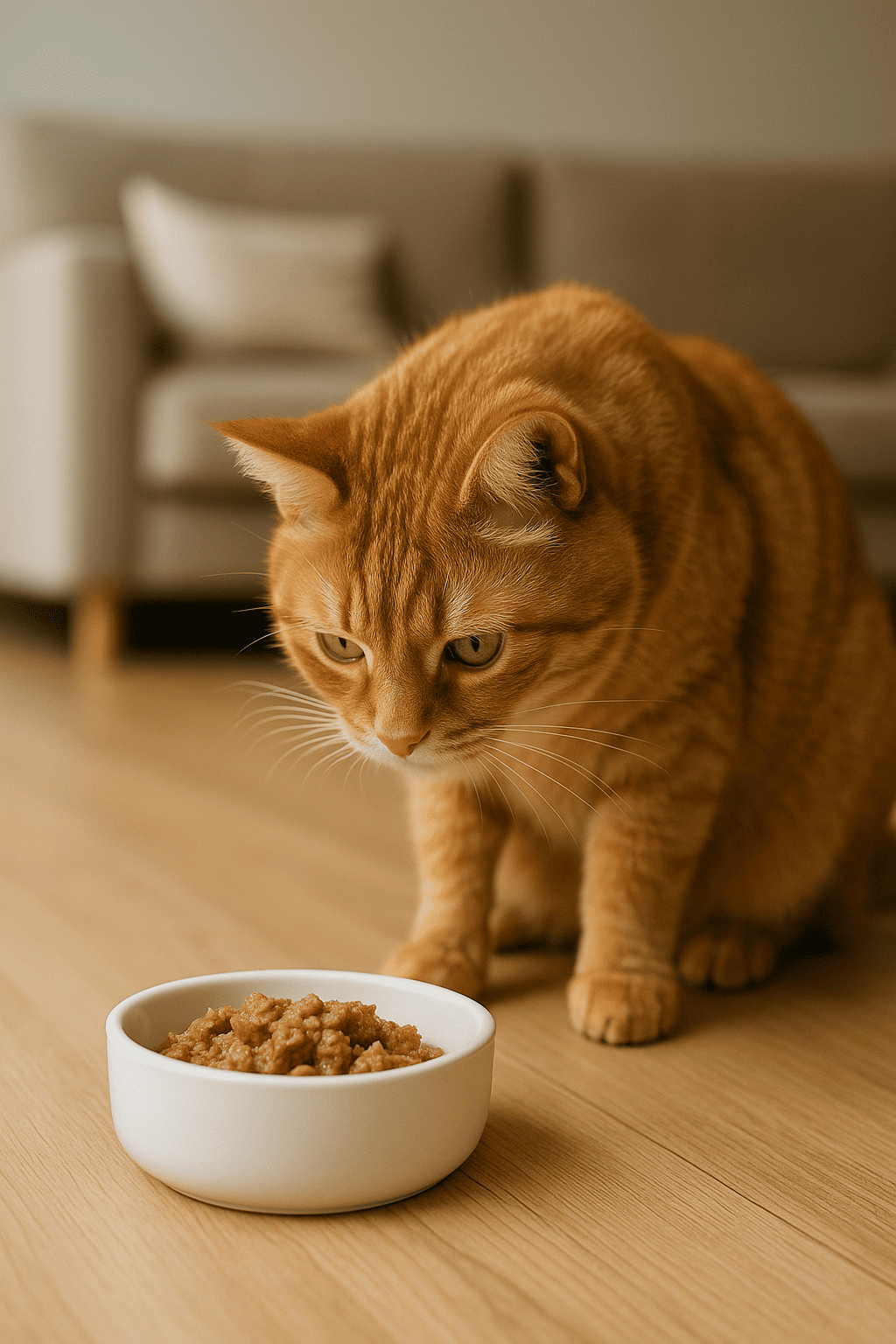 Gato atigrado naranja observando con desconfianza un plato de comida húmeda en una sala moderna con suelo de madera.